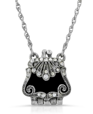 image of 2028 Silver-Tone with Crystal Accents and Black Enamel Purse Locket Necklace