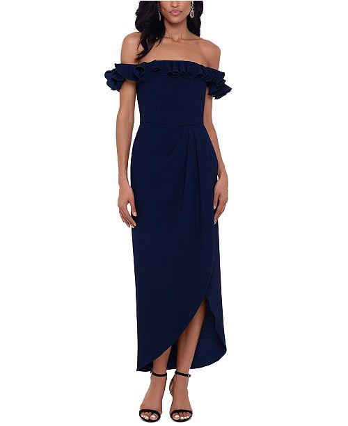 xscape ruffle off the shoulder gown