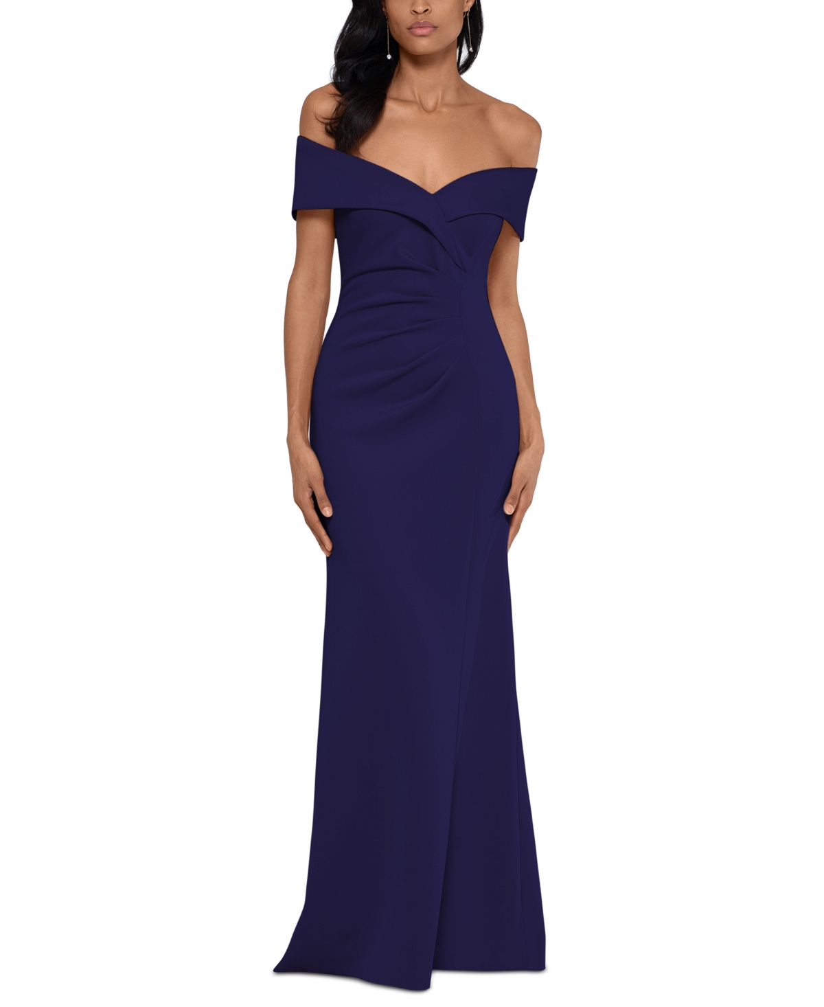 Off-The-Shoulder Ruched Gown - Navy Blue