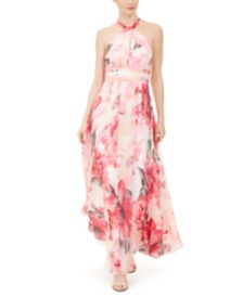 Floral-Print Chiffon Halter Gown