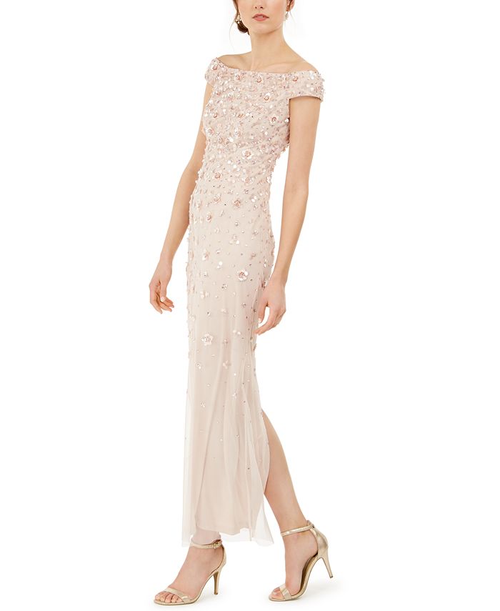 adrianna papell off shoulder beaded gown