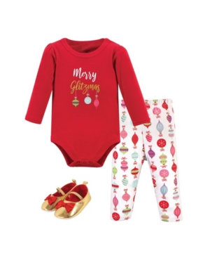 Little Treasure Baby Girls Glitzmas Bodysuit Pant and Shoe Set Pack of 3