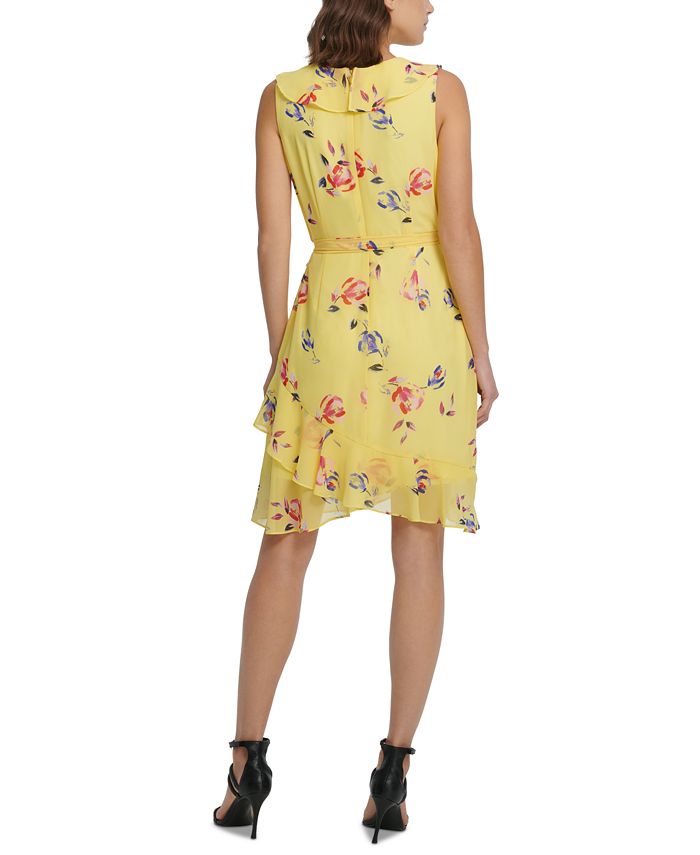 DKNY Floral-Print Ruffled Belted Dress - Macy's