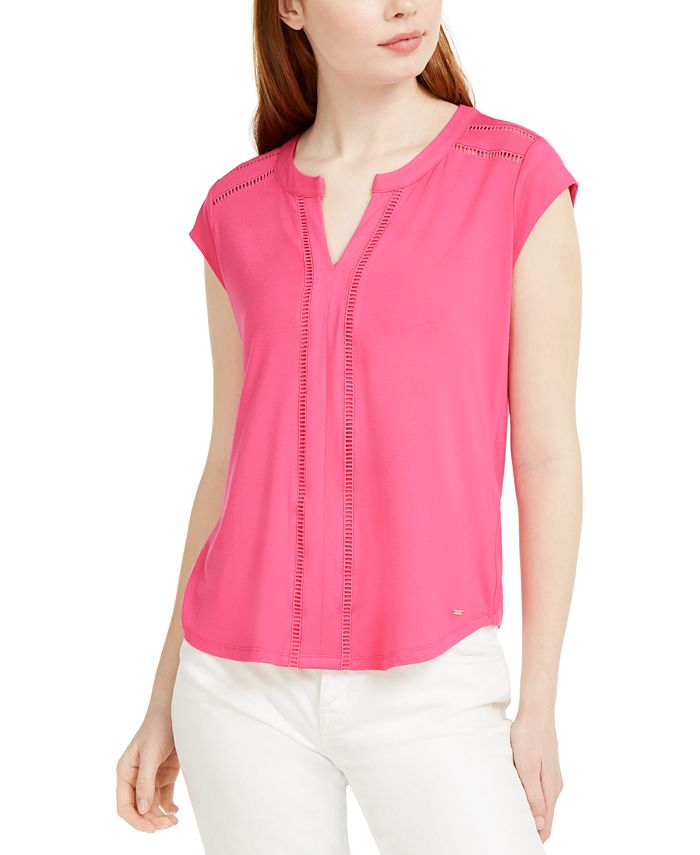 LADDER LACE TRIM SPLIT NECK SHORT SLEEVE TOP