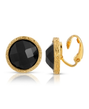 image of 2028 Gold Tone Small Black Round Faceted Button Clip Earrings