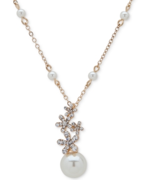 image of Anne Klein Gold-Tone Imitation Pearl & Floral Crystal Pendant Necklace, 16