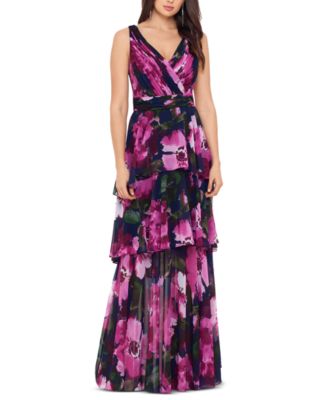 xscape floral tiered chiffon gown