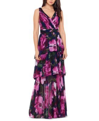 XSCAPE Floral-Print Tiered Gown - Macy's