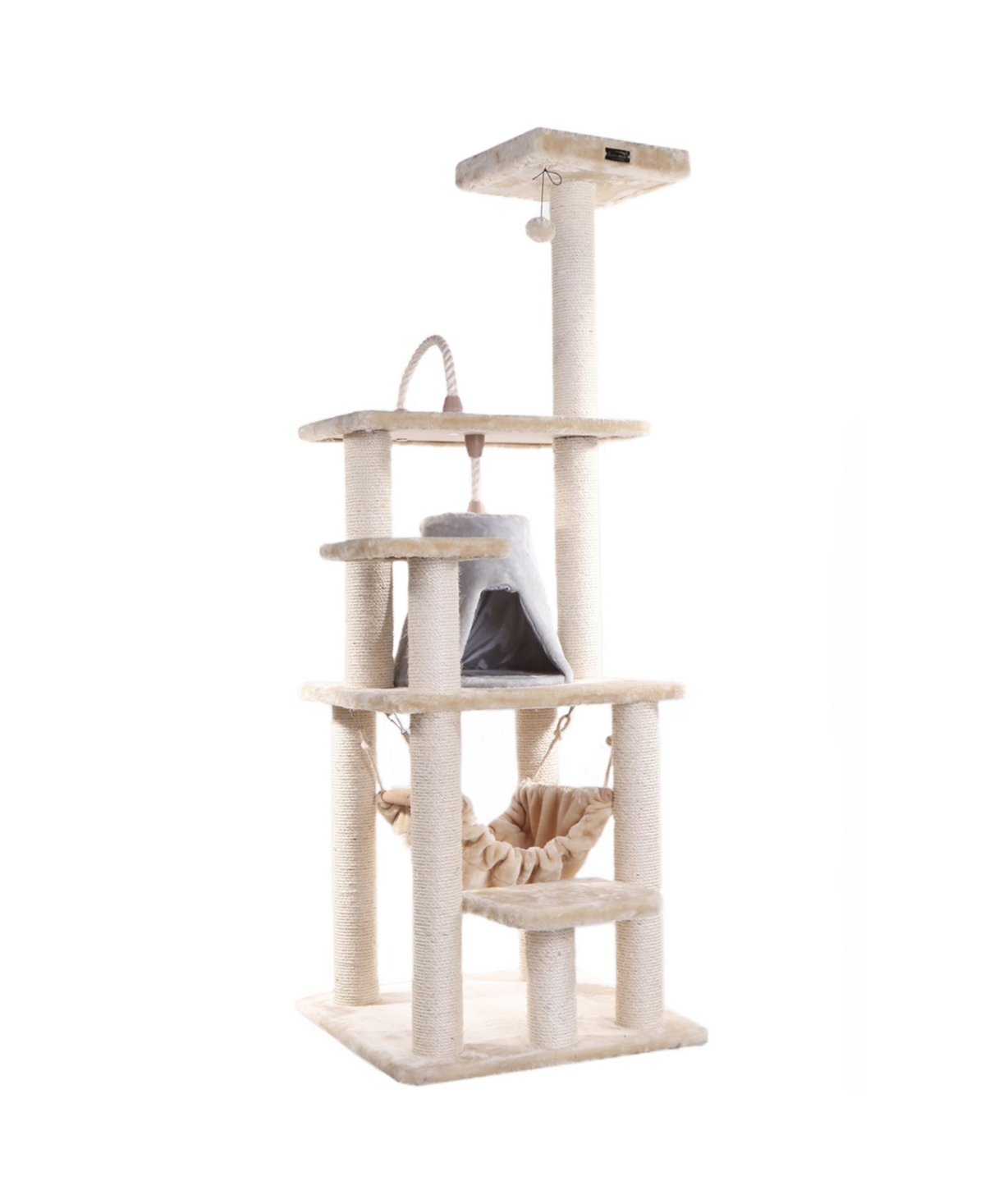 65" Real Wood Cat Tree With Rope, Hammock, Playhouse - Beige
