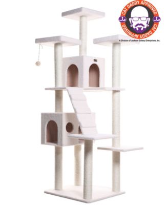B7701 Classic Real Wood Cat Tree In Ivory, Jackson Galaxy Approved, Multi Levels With Ramp, Three Perches, Two Condos