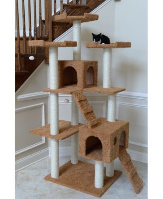 74" Multi-Level Real Wood Cat Tree with ScratchhIng Posts, Large Platform, and Sisal Scratching Posts in Ochre Brown