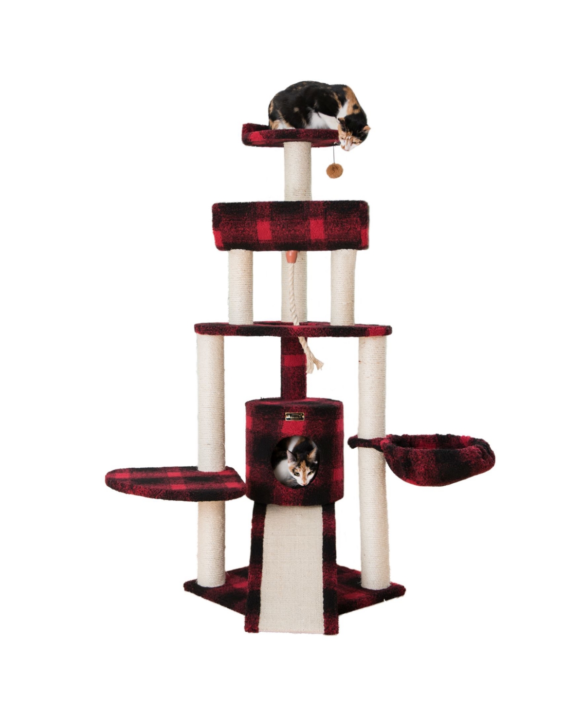 Real Wood Cat Tree, 4 Levels With Rope, Ramp, Perch, & Condo - Black and Red