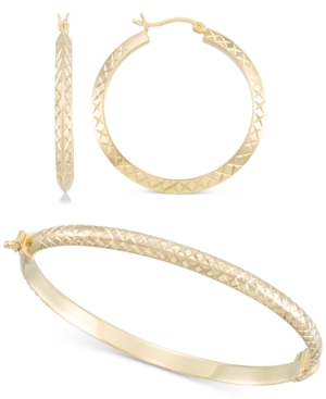image of 2-Pc. Set Medium Textured Hoop Earrings & Matching Bangle Bracelet in 14k Gold over Sterling Silver