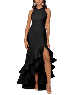 Betsy & Adam Petite Ruffled High-low Gown In Black