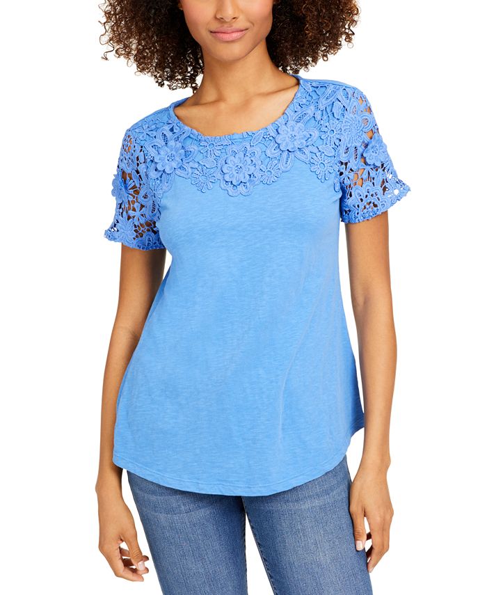 Charter Club Cotton Lace-Embellished T-Shirt, Created for Macy's ...