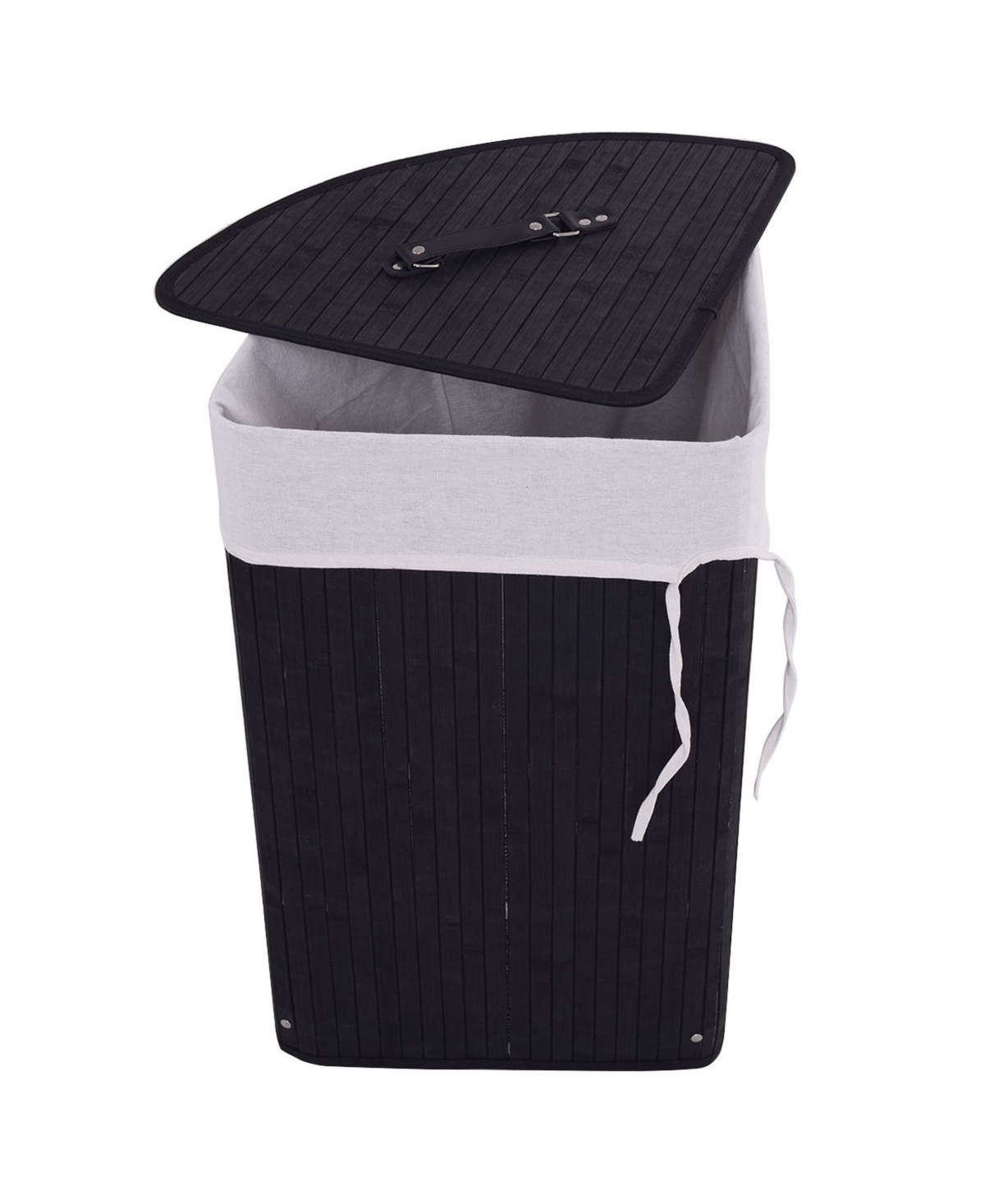 Corner Bamboo Hamper Laundry Basket Washing Cloth Bin Storage Bag Lid - Black