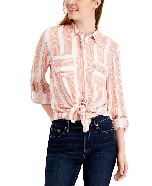 Pink Rose Juniors Striped Tie Front Shirt Reviews Tops Macy S