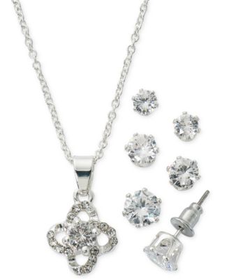 Photo 1 of Fine Silver Plate Cubic Zirconia Twirl Necklace and Stud Earring Set, 18" + 3" extender