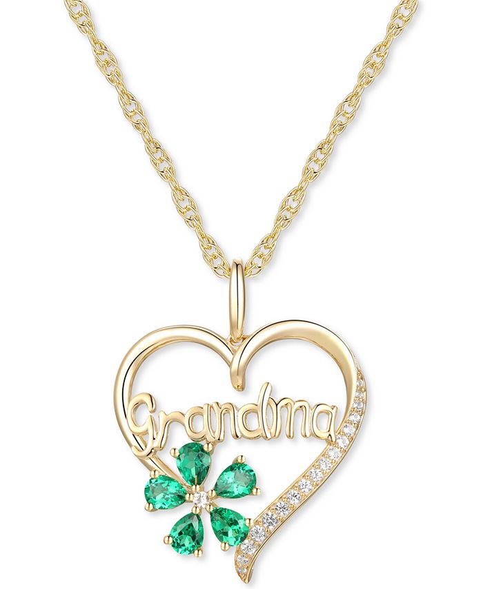 Macy's - Lab-Created Emerald (5/8 ct. t.w.) & Lab-Created White Sapphire (1/10 ct. t.w.) Grandma 18" Pendant Necklace in 10k Gold
