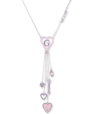 image of Guess Silver-Tone Crystal & Heart Multi-Charm Lariat Necklace, 30