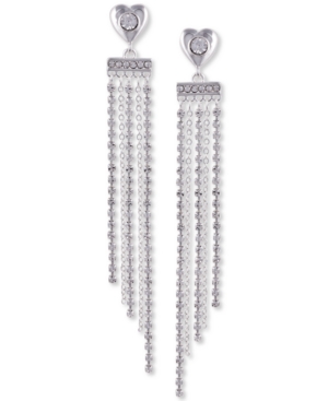image of Guess Silver-Tone Crystal Heart Fringe Linear Earrings
