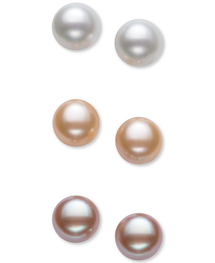 Macy's - 3-Pc. Set White, Peach & Lavender Cultured Freshwater Pearl (8mm) Stud Earrings