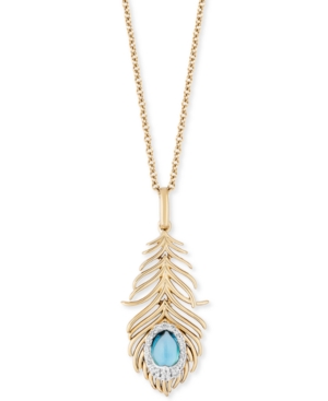 image of Enchanted Disney Swiss Blue Topaz (5/8 ct. t.w.) & Diamond (1/10 ct. t.w.) Jasmine Feather Pendant Necklace in 14k Gold, 16