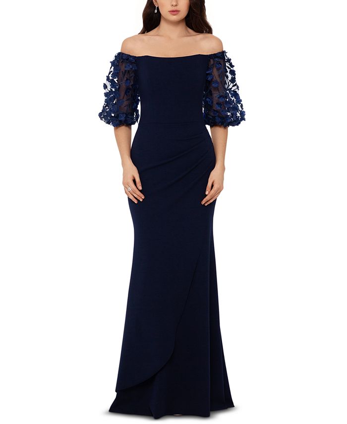 XSCAPE Petite Off-The-Shoulder Balloon-Sleeve Mermaid Gown - Macy's