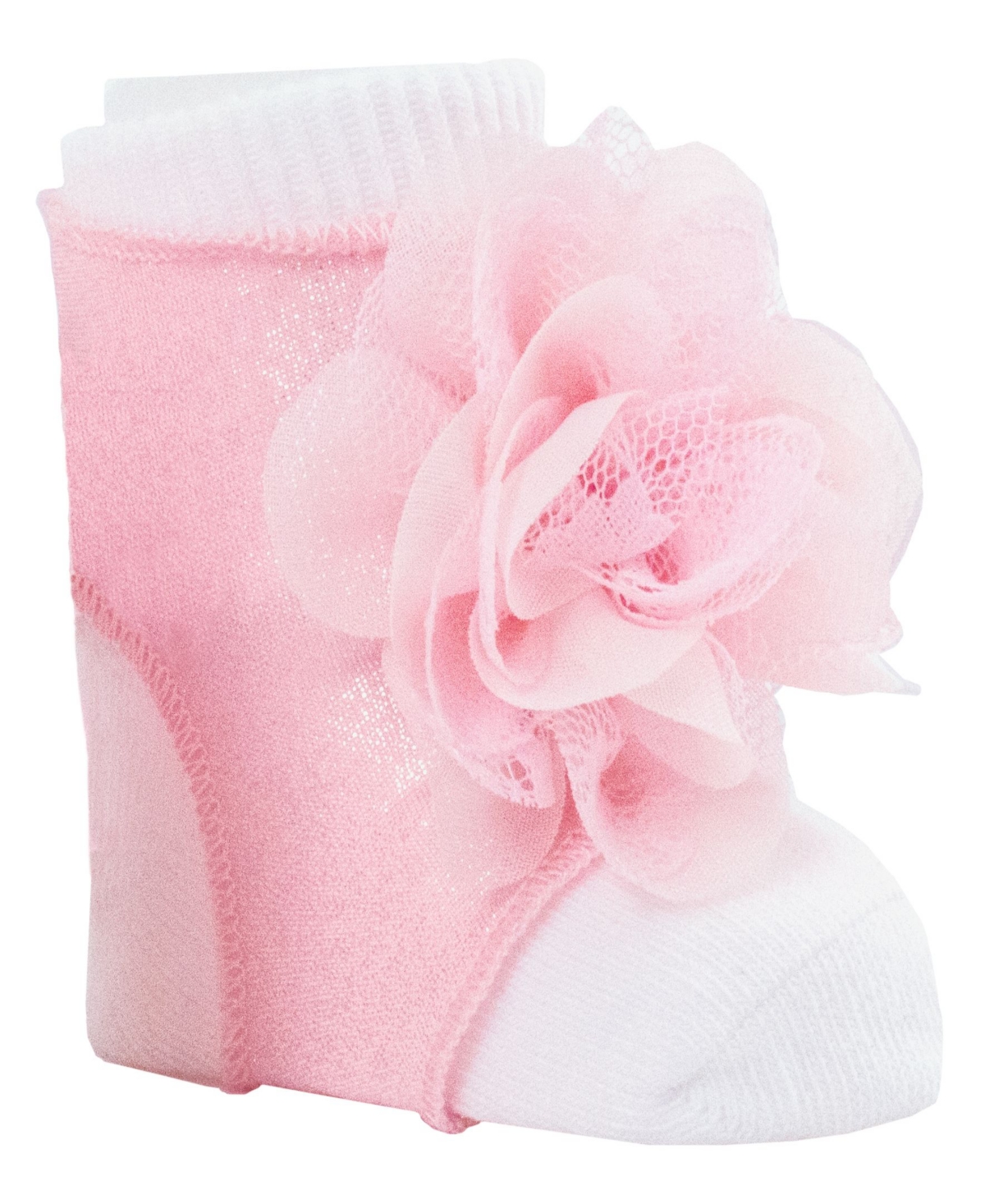 Baby Deer Baby Girls Shimmer Peep Toe Sock With Flower Overlay In Pink
