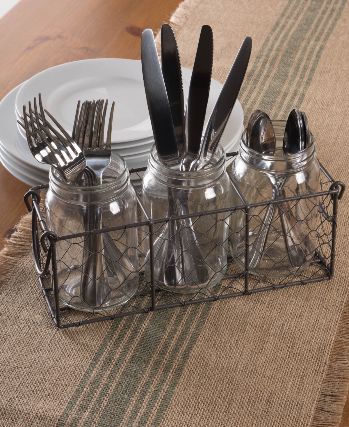 Design Imports Vintage-like Chicken Wire Flatware Caddy with Clear Jars