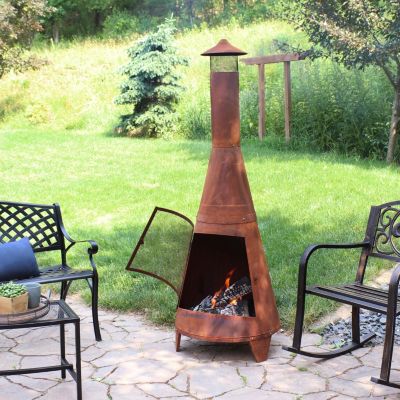 Outdoor Backyard Large Freestanding Oxidized Steel Wood-Burning Fire Pit Chiminea - 70" - Rust Finish