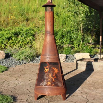 Outdoor Backyard Large Freestanding Oxidized Steel Wood-Burning Fire Pit Chiminea - 70" - Rust Finish