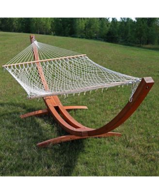 Cotton Double Wide 2-Person Rope Hammock with Spreader Bars and Curved Arc Wood Stand - 400 lb Weight Capacity /13' Stand