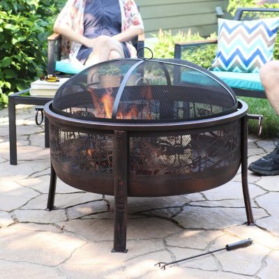 Outdoor Camping or Backyard Steel Northwoods Fishing Fire Pit with Spark Screen - 30" - Bronze