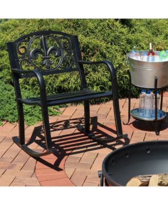 Traditional Fleur-de-Lis Design Cast Iron and Steel Outdoor Rocking Chair