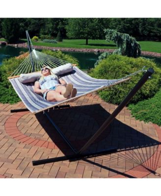 Outdoor 2-Person Quilted Fabric Hammock with Spreader Bars and Freestanding Stand