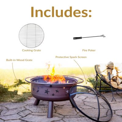 Outdoor Camping or Backyard Round Cosmic Stars and Moons Fire Pit with Cooking Grill Grate, Spark Screen, and Log Poker - 30"