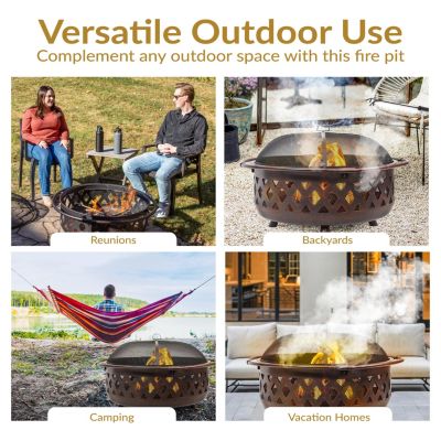 Outdoor Camping or Backyard Crossweave Cut Out Fire Pit with Spark Screen, Log Poker, and Metal Wood Grate - Bronze