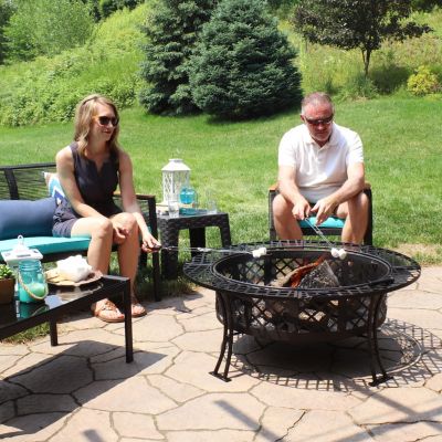 Outdoor Camping or Backyard Steel Diamond Weave Fire Pit Bowl with Spark Screen - 40" - Black