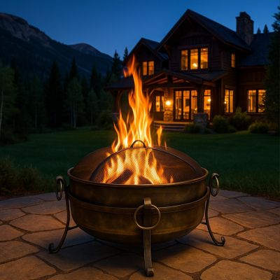 Outdoor Camping or Backyard Round Cauldron Fire Pit with Spark Screen, Log Poker, and Metal Wood Grate
