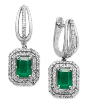 image of 14k White Gold Earrings, Emerald (2 ct. t.w.) and Diamond (3/4 ct. t.w.) Drop Earrings