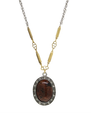 image of T.r.u. by 1928 Silver Tone Genuine Brown Obsidian Oval Necklace