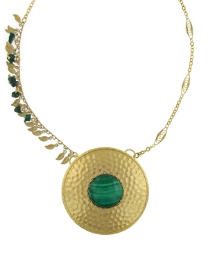 image of T.r.u. by 1928 14 K Gold Dipped Leaf Fringe Semi-Precious Malachite Hammered Disk Necklace