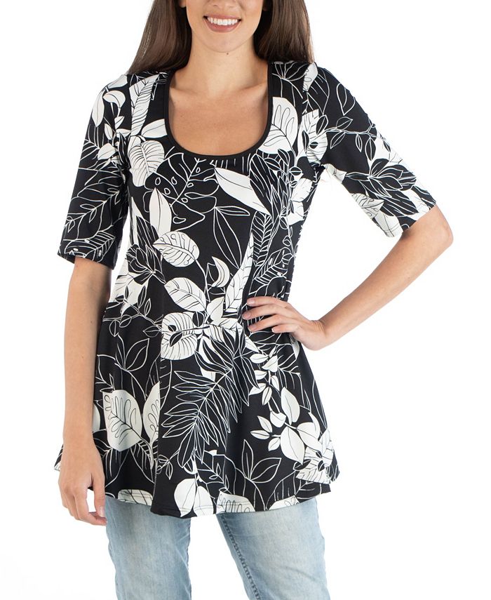 24seven Comfort Apparel Botanical Print Elbow Sleeve Swing Top Macy's