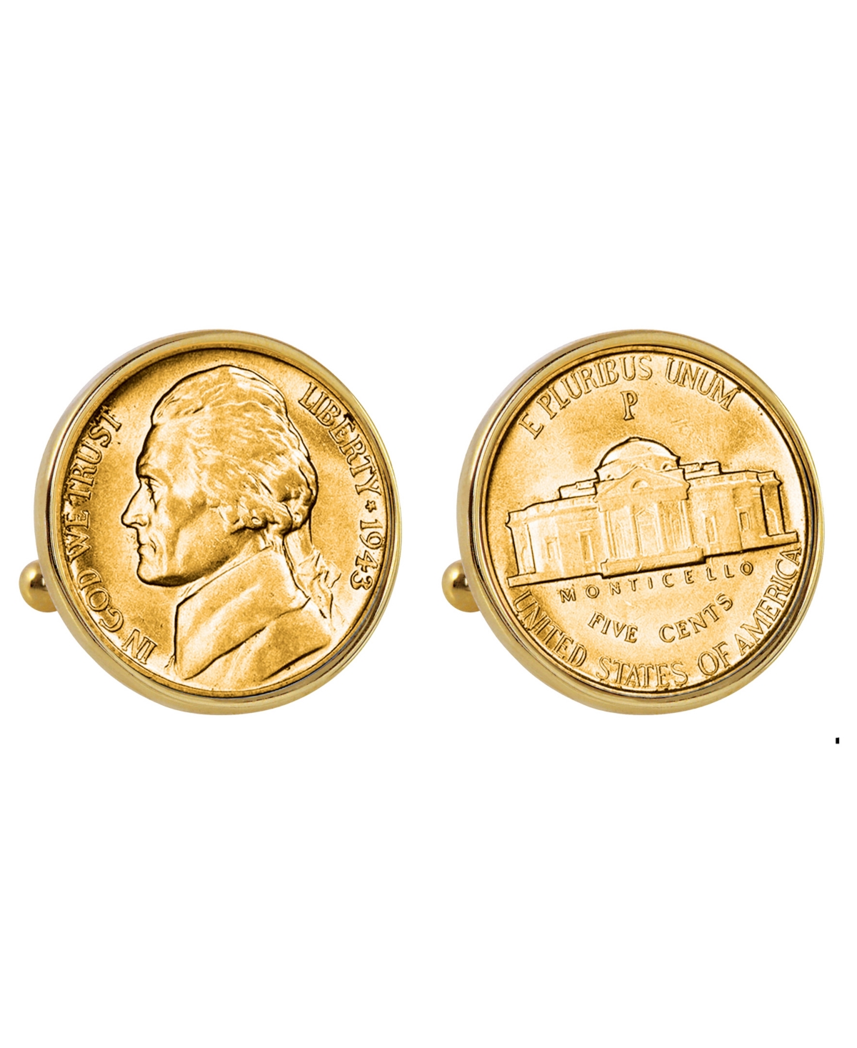 Gold-Layered Silver Jefferson Nickel Wartime Nickel Bezel Coin Cuff Links - Gold