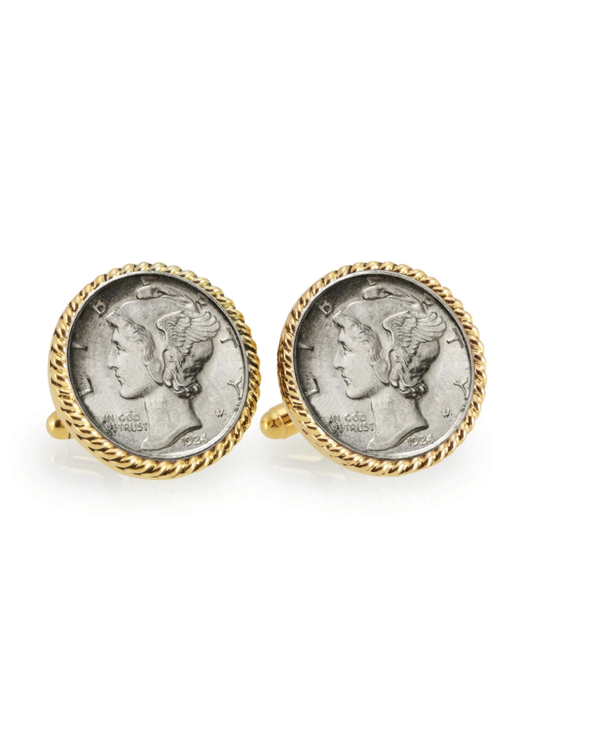 Silver Mercury Dime Rope Bezel Coin Cuff Links - Gold