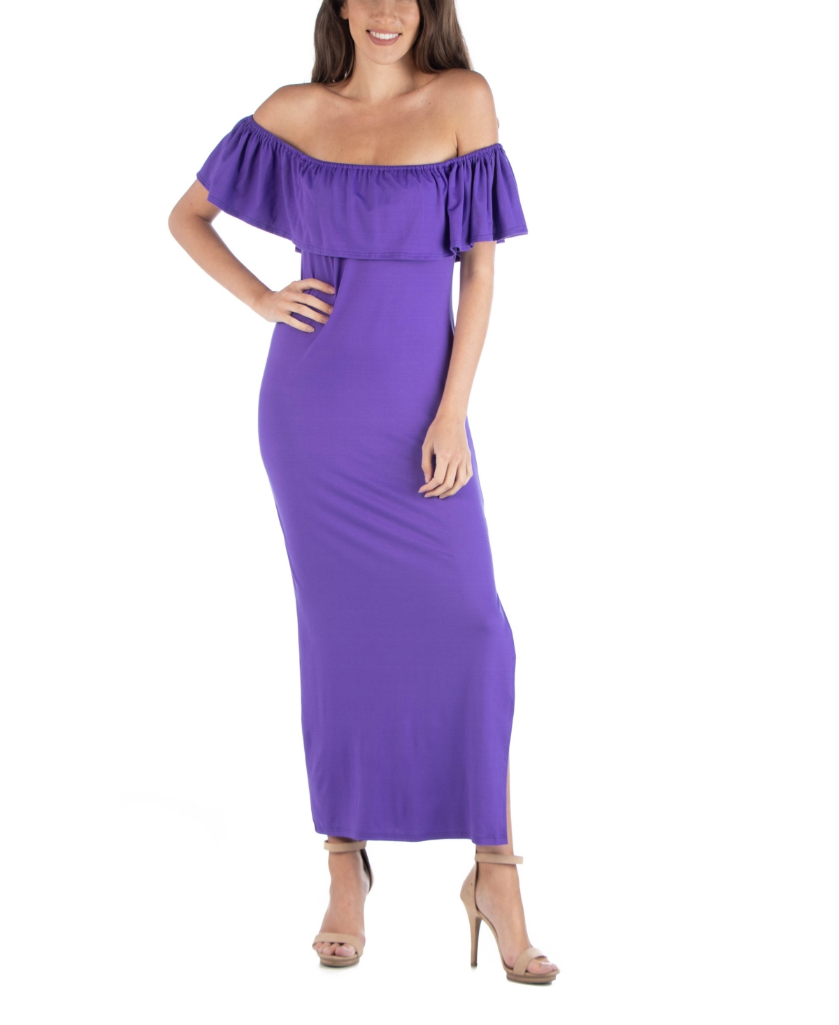 Off Shoulder Ruffle Detail Maxi Dress - Purple