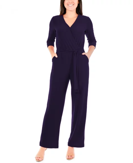 Petite 3/4 Sleeve Belted Wide Leg Jumpsuit - Navy