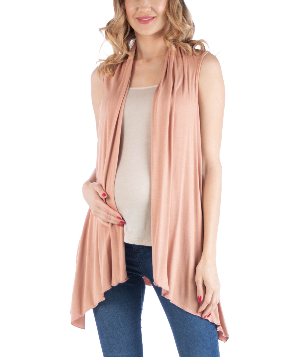 24seven Comfort Apparel Draped Maternity Open Front Sleeveless Cardigan In Nude