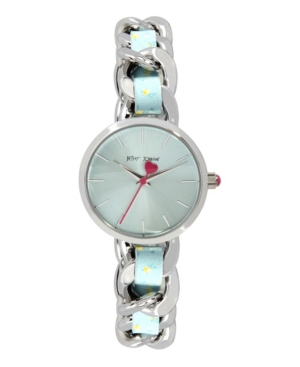 image of Betsey Johnson Women-s Woven Floral Silver-Tone and Floral Printed Polyurethane Bracelet Watch 30mm